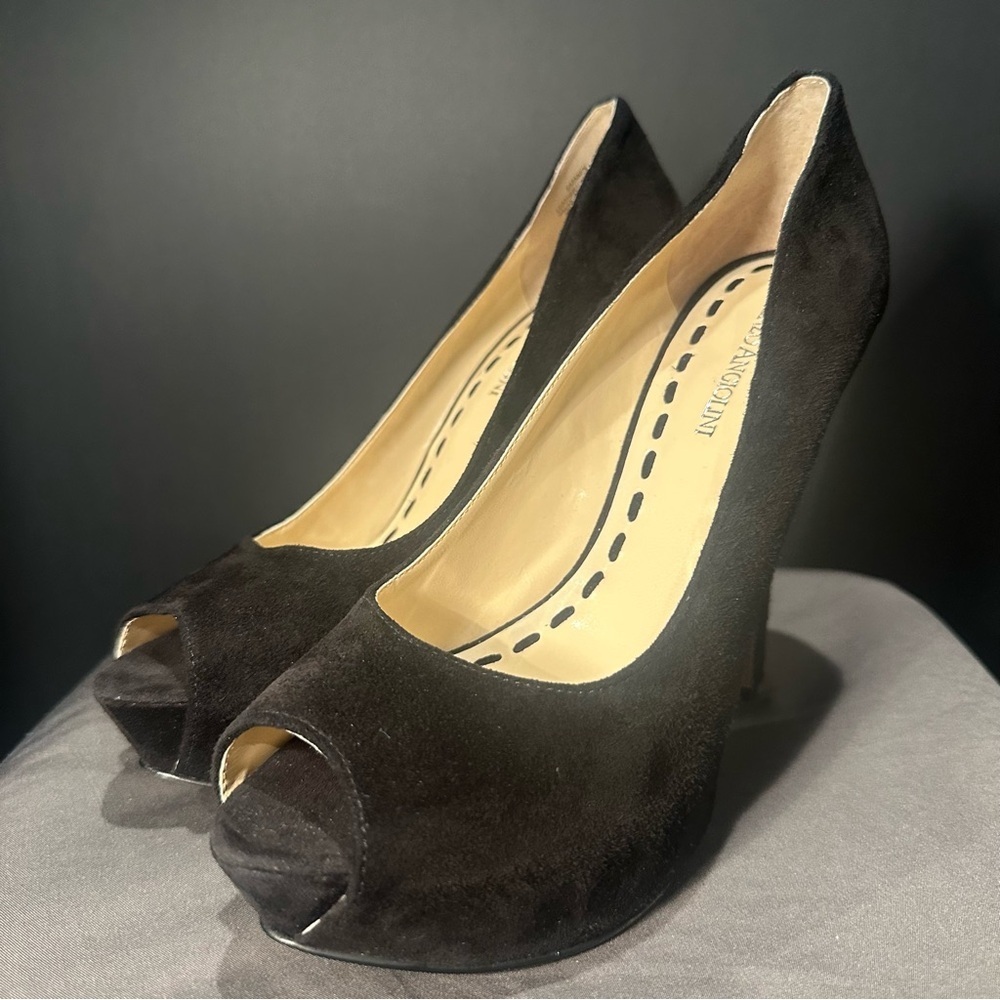 Enzo Angiolini Black Suede Peep-Toe Platform Pumps